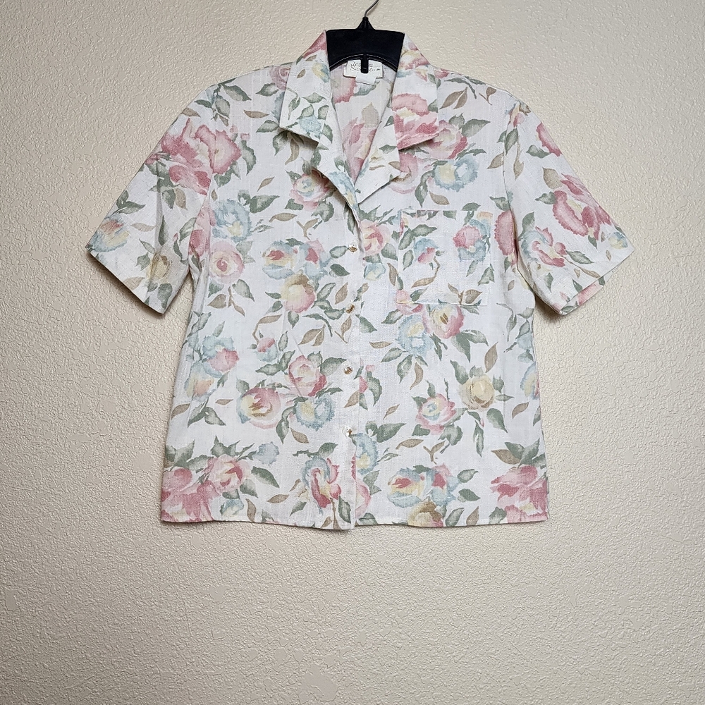 Vintage Jessica Scott Floral Button-front Short Sleeve Shirt Women's Medium
